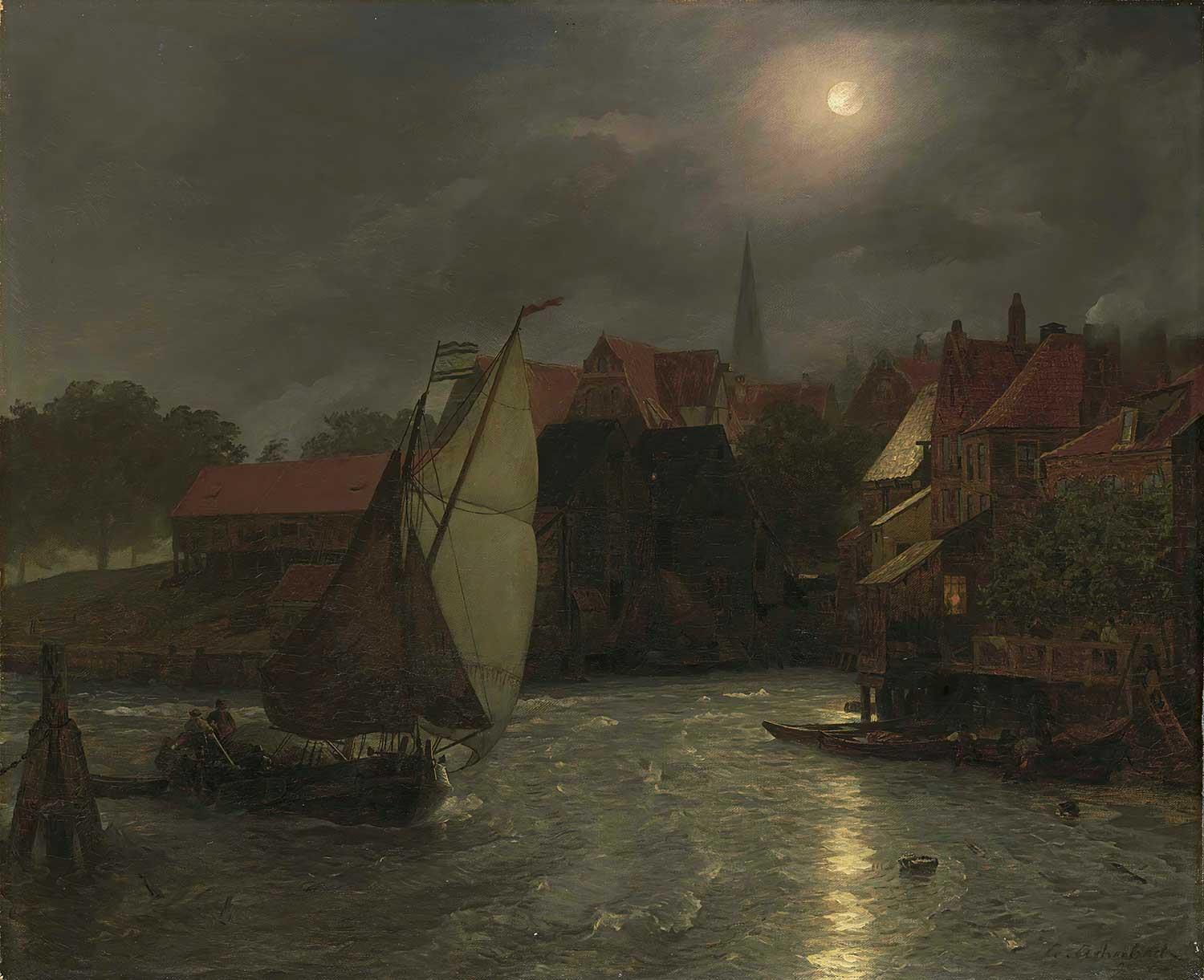 Boats On A Canal, Moonlight by Andreas Achenbach