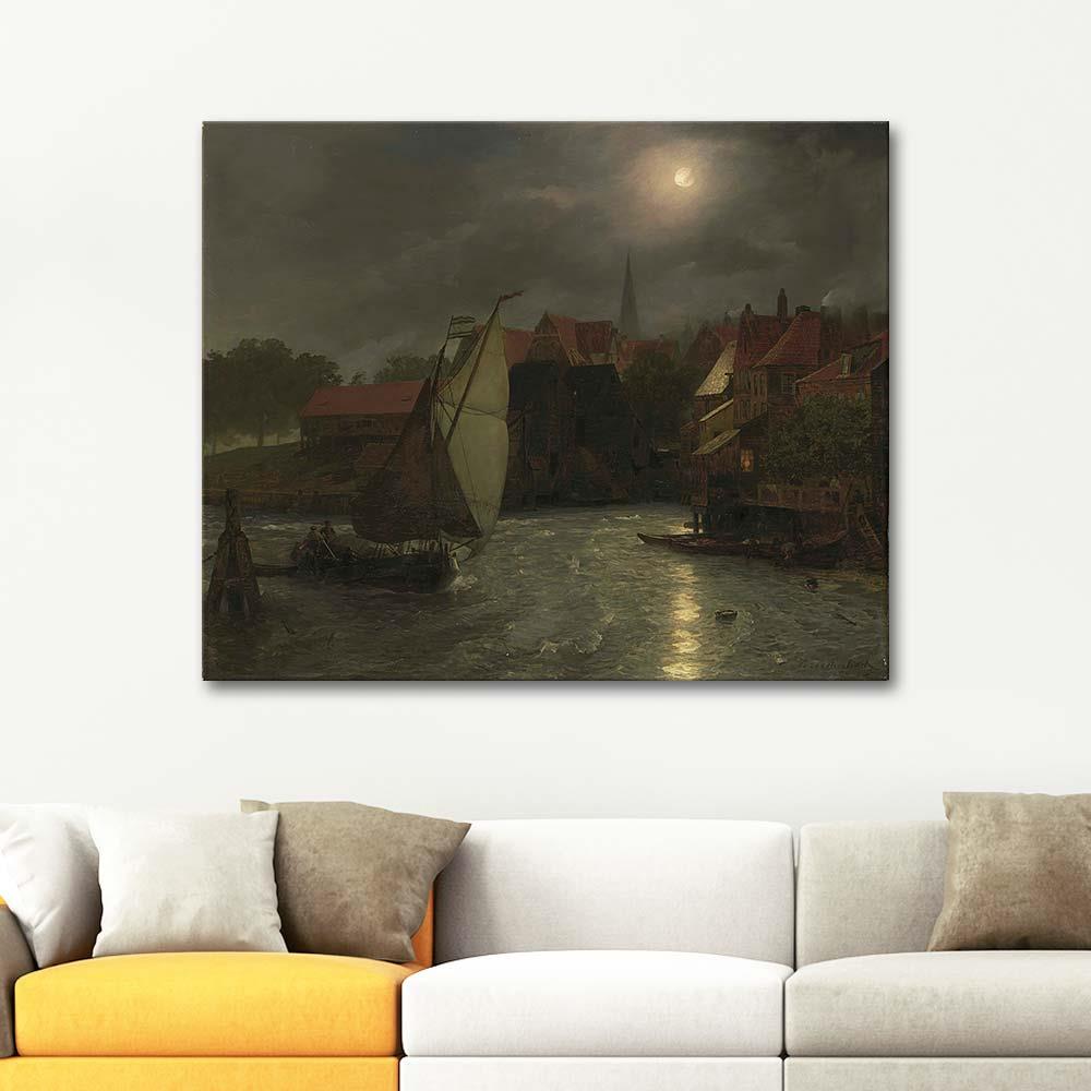 Andreas Achenbach Boats On A Canal, Moonlight Art Print