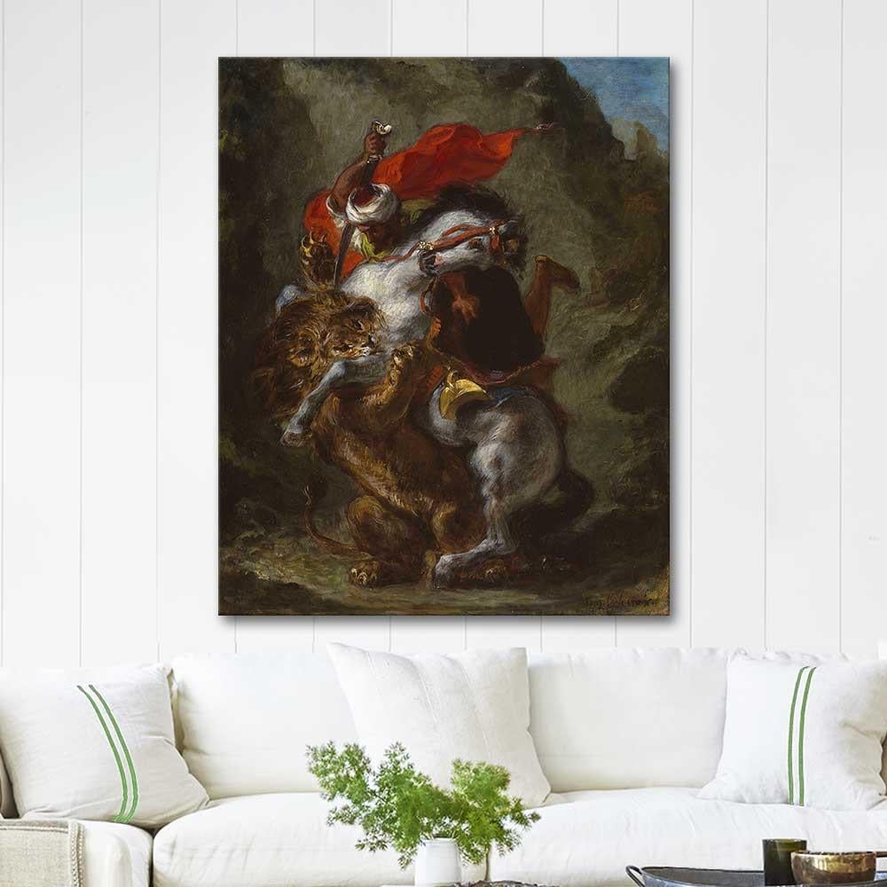 Arab Horseman Attacked by a Lion by Eugene Delacroix as Art Print