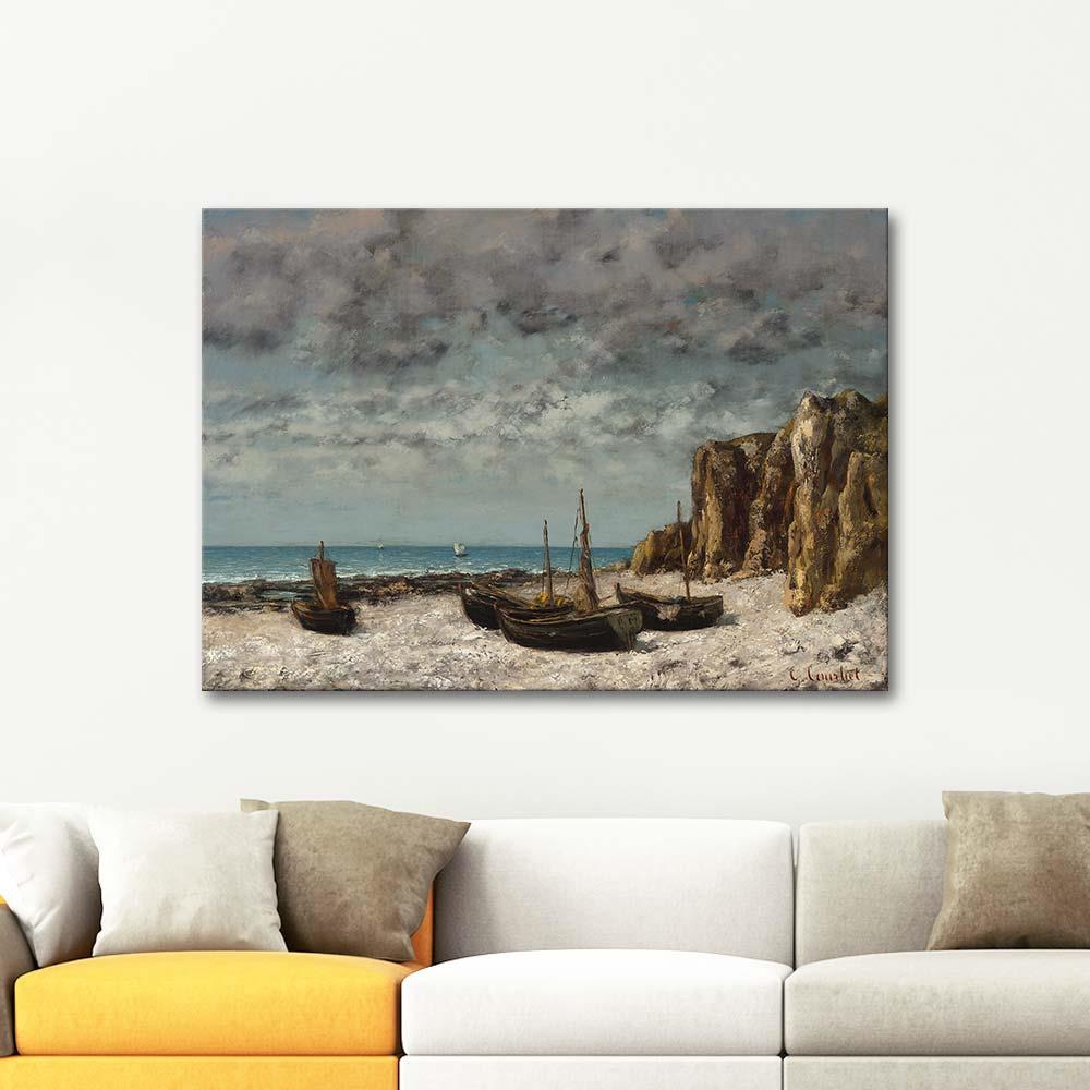 Gustave Courbet Sahilde Kayıklar Etretat Kanvas Tablo