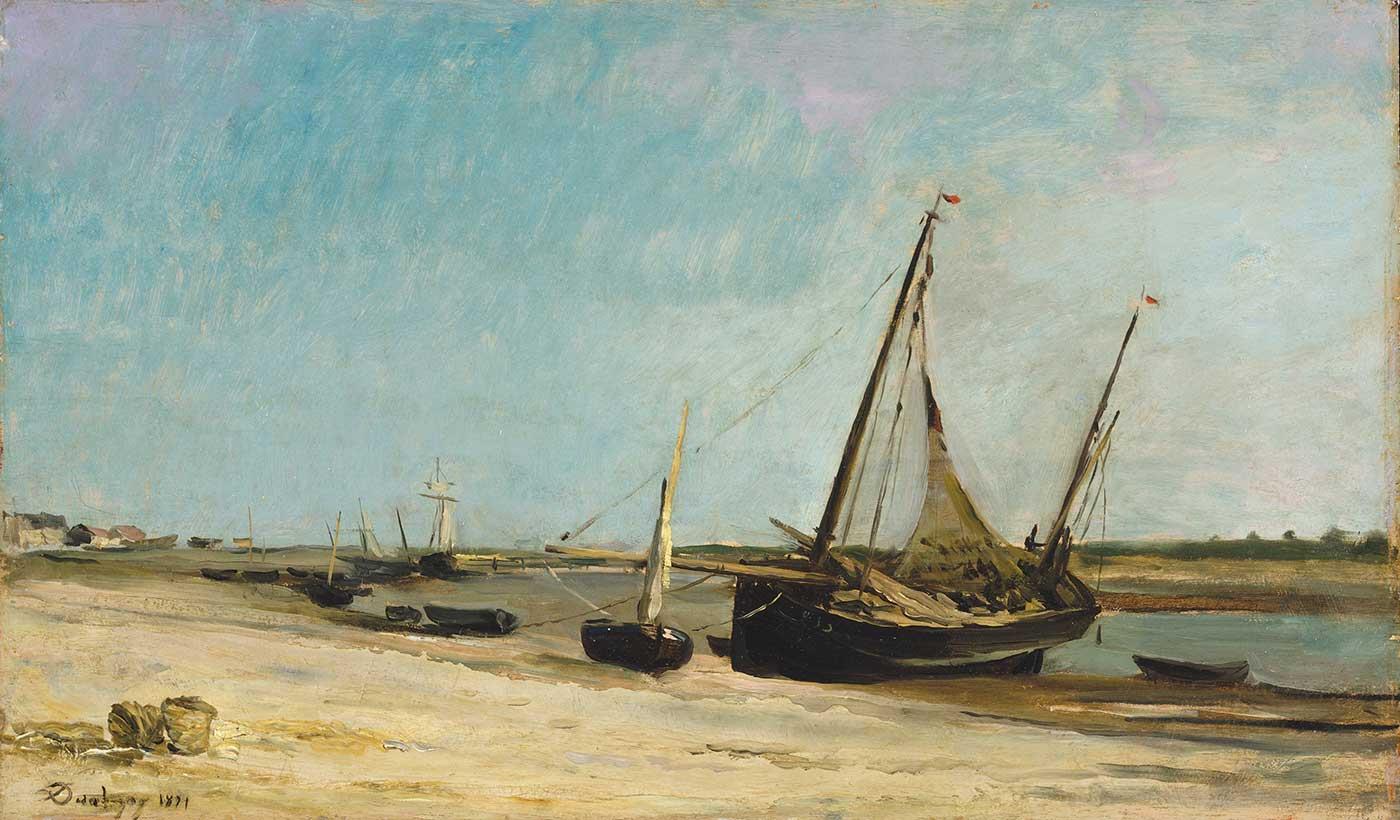 Charles Francois Daubigny Etaples Sahilinde Tekneler Kanvas Tablo
