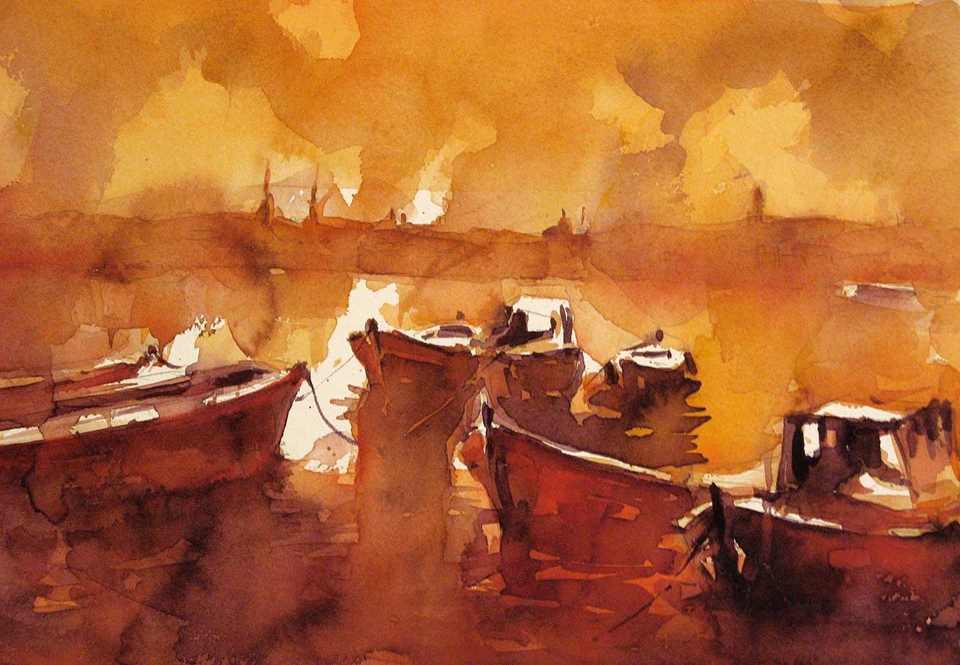 Burhan Özer Haliç'te Tekneler Kanvas Tablo