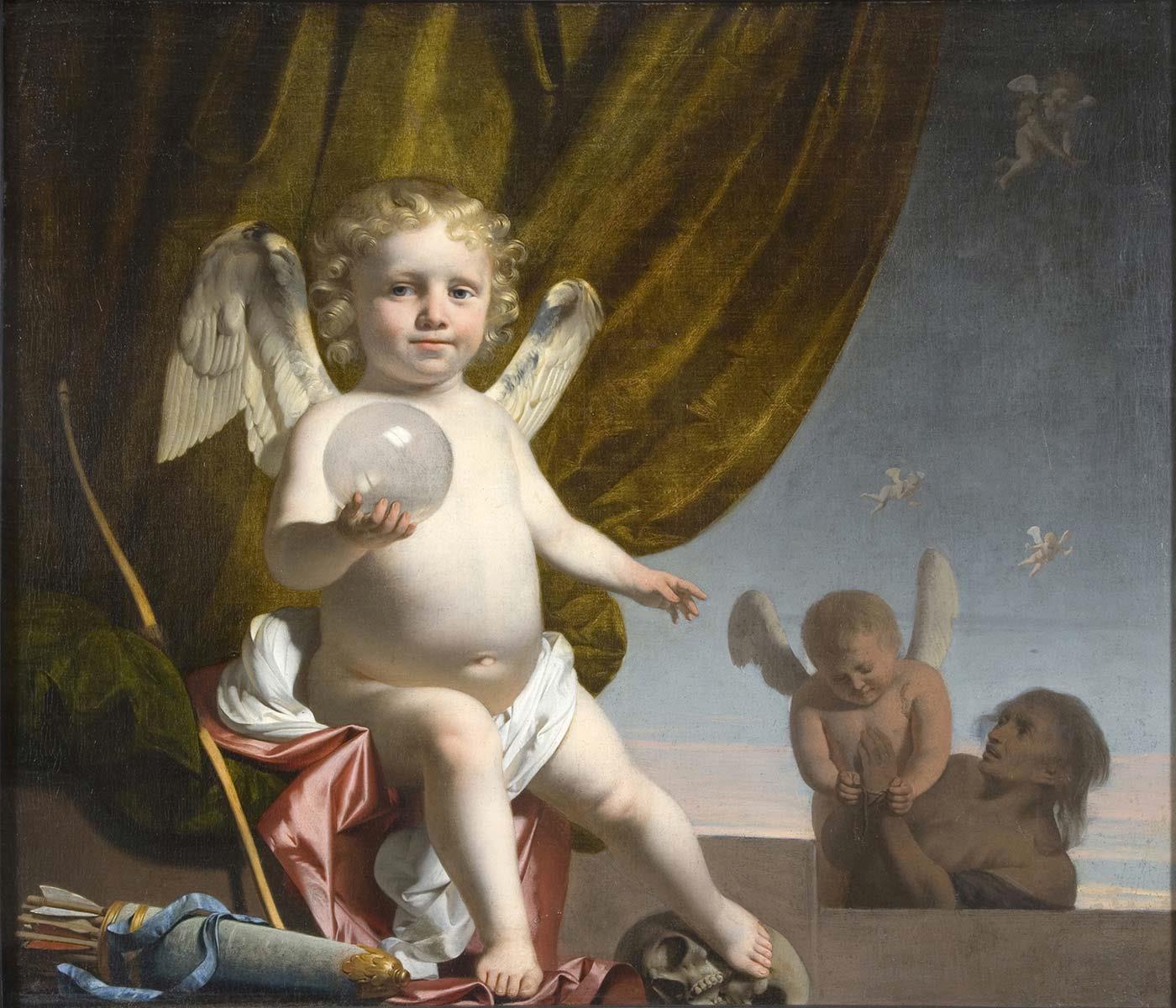Amor Holding a Glas Orb by Caesar van Everdingen