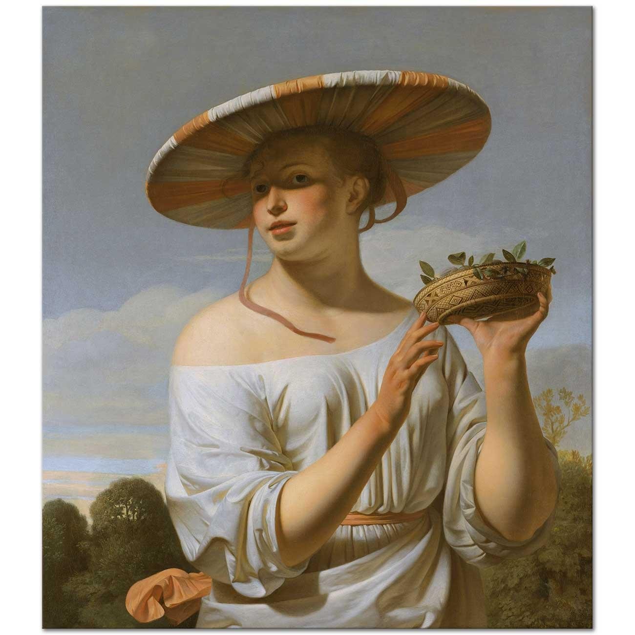 Girl Holding a Basket of Plums by Caesar van Everdingen