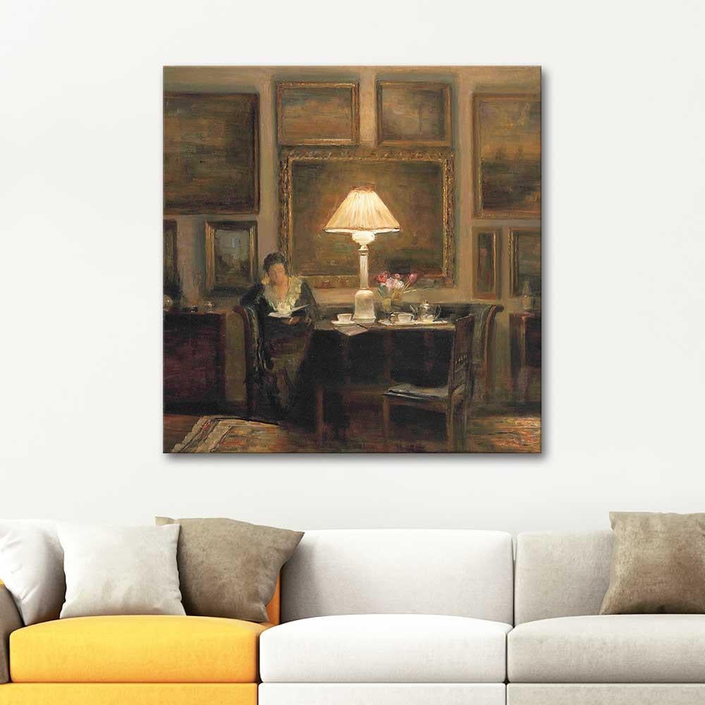 Carl Vilhelm Holsoe A Lady Reading by Lamplight Art Print