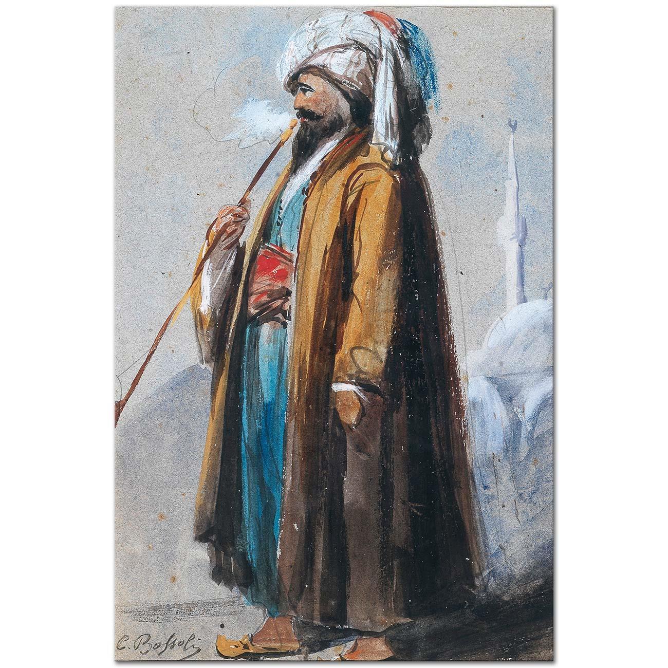 A Turk Smoking before a Mosque by Carlo Bossoli