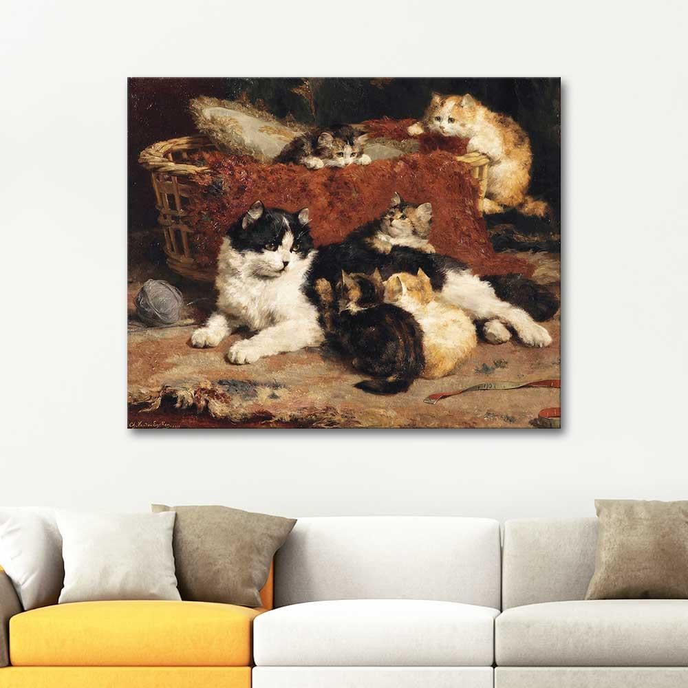 Charles van den Eycken Kedi ve Yavruları Kanvas Tablo