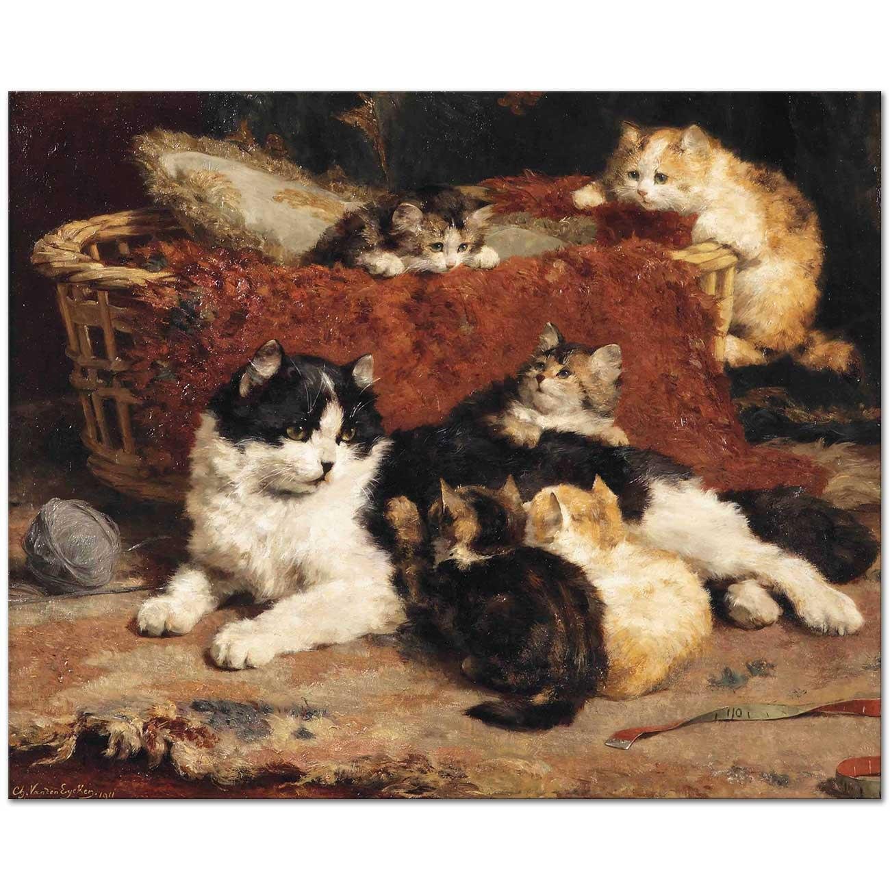 Charles van den Eycken Kedi ve Yavruları Kanvas Tablo