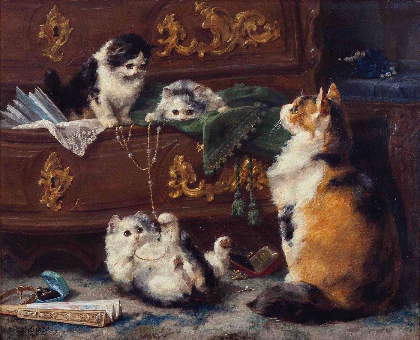 Cat with her Kittens by Charles van den Eycken