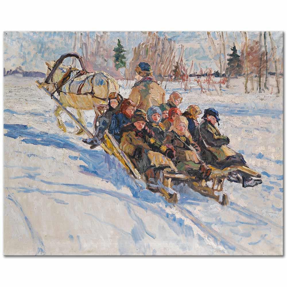 Nikolay Bogdanov-Belsky Atlı Kızağa Binen Çocuklar Kanvas Tablo