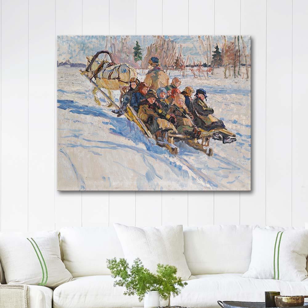 Nikolay Bogdanov-Belsky Atlı Kızağa Binen Çocuklar Kanvas Tablo