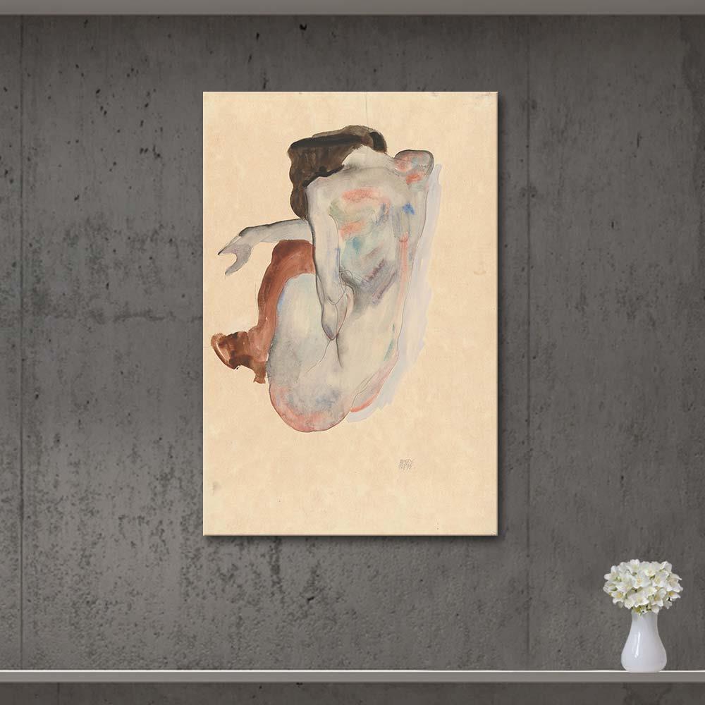 Egon Schiele Çorap ve Ayakkabıları ile Çömelmiş Nü Kanvas Tablo