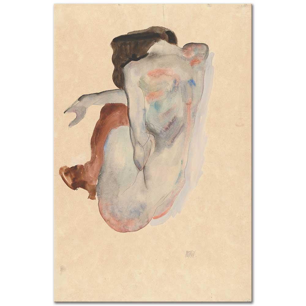 Egon Schiele Çorap ve Ayakkabıları ile Çömelmiş Nü Kanvas Tablo
