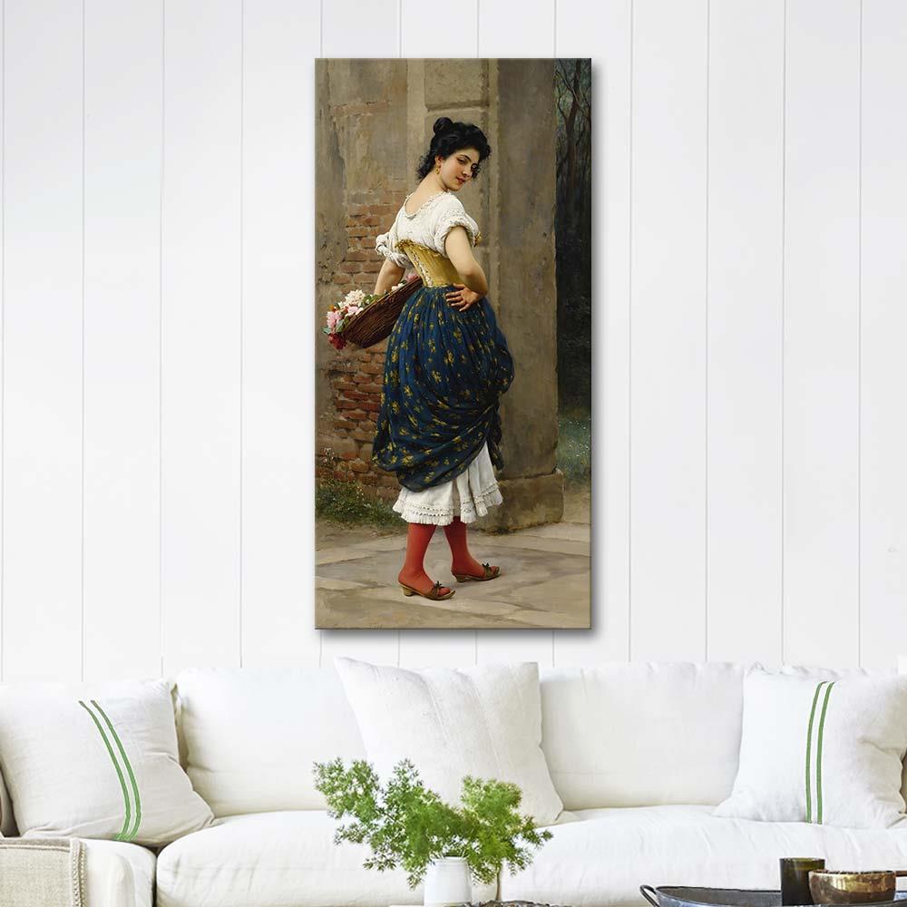 Eugene de Blaas A Maiden With A Basket Of Roses Art Print