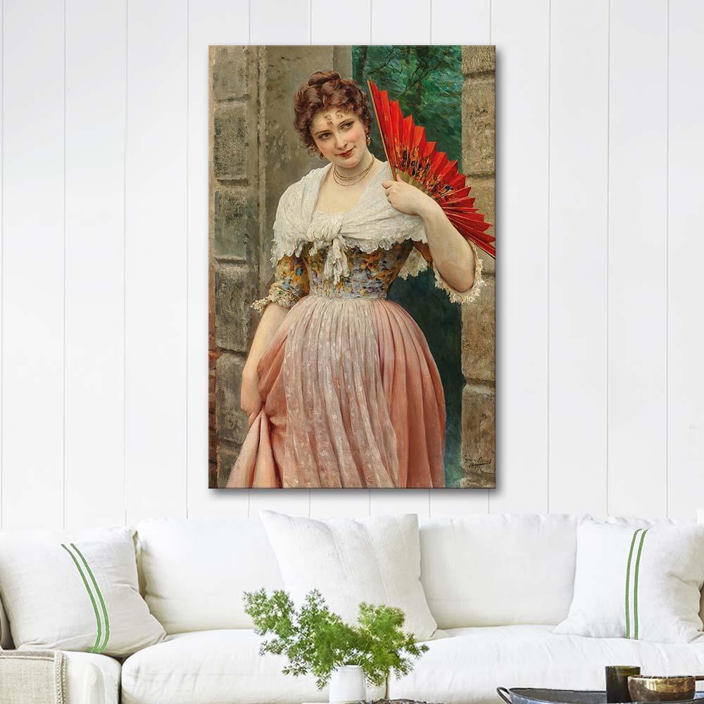 Eugene de Blaas A Young Lady with a Red Fan Art Print