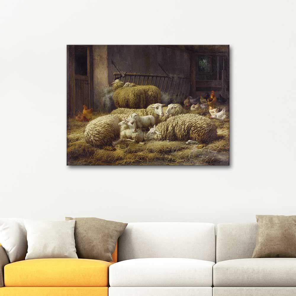 Eugene Remy Maes Sheep and Chicken in a Stable Art Print