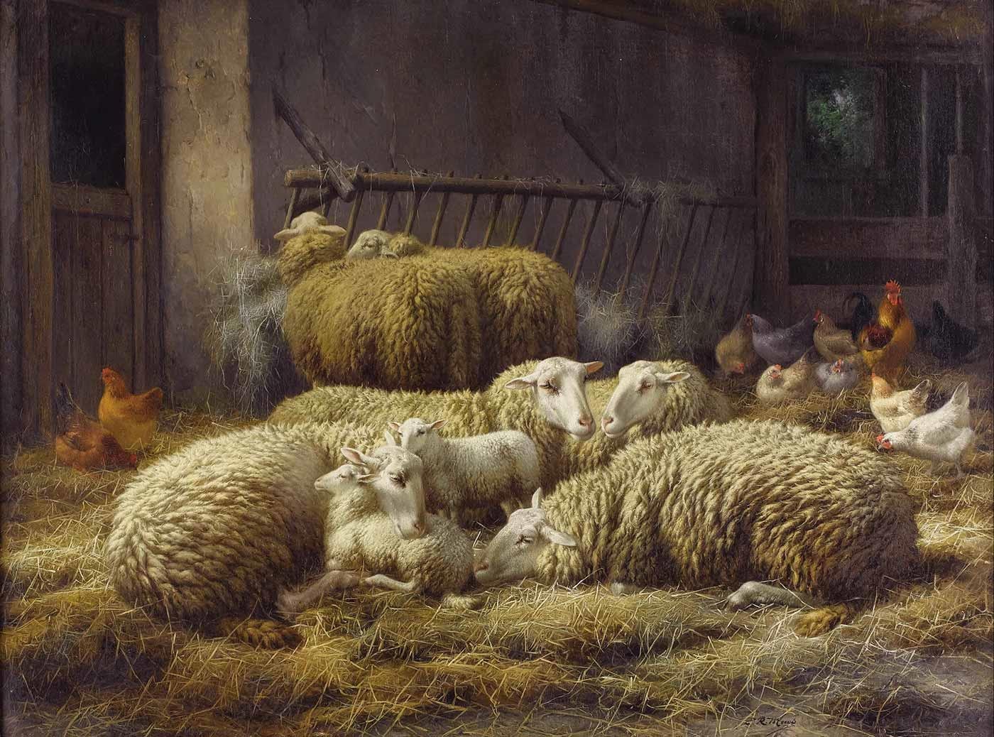 Sheep and Chicken in a Stable by Eugene Remy Maes