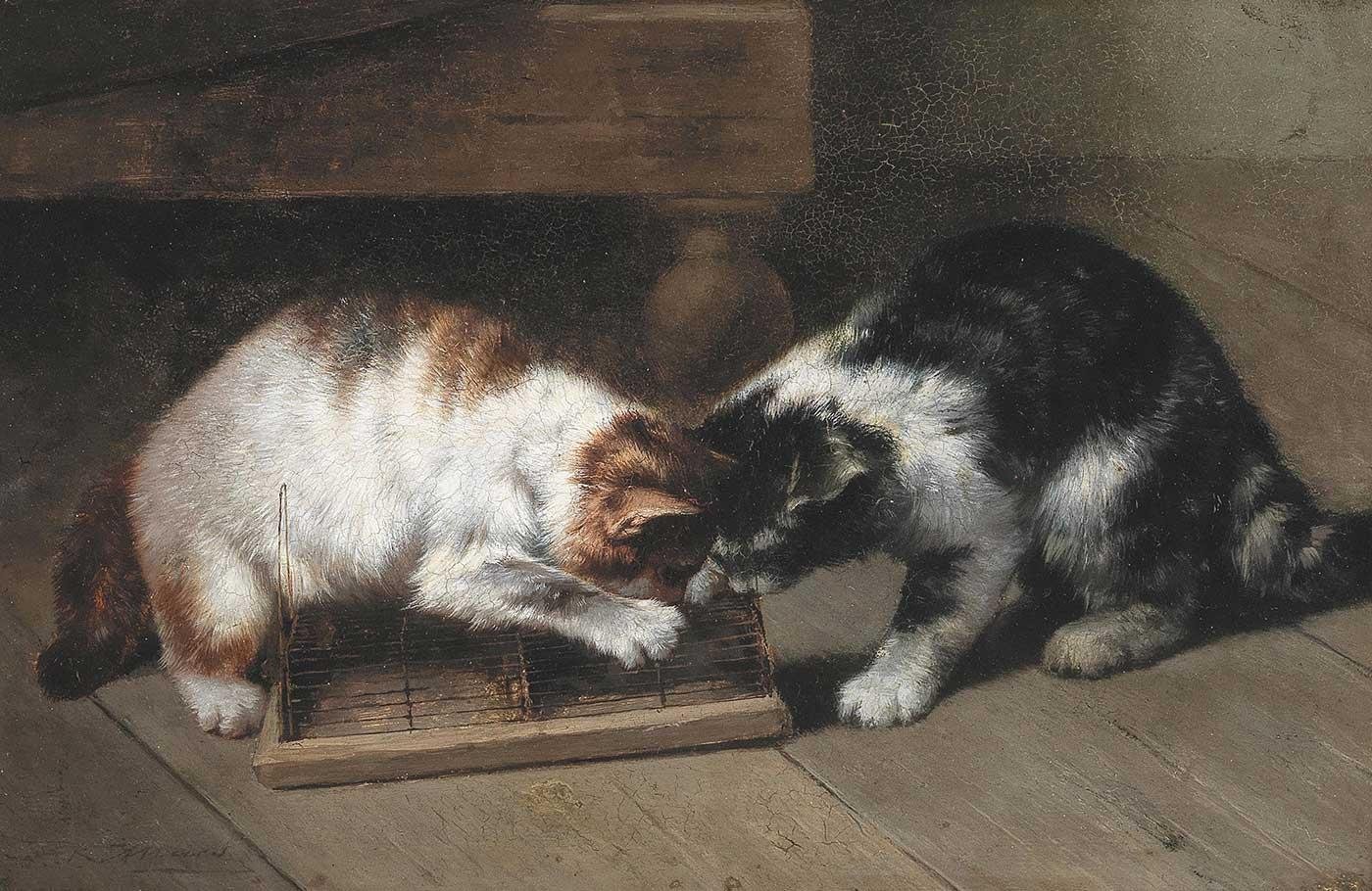 Eugene Remy Maes İki Kedi ve Bir Av Kanvas Tablo