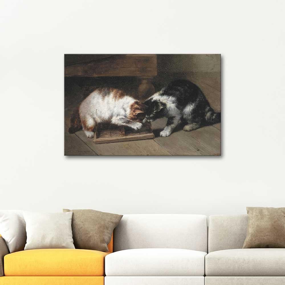 Eugene Remy Maes İki Kedi ve Bir Av Kanvas Tablo