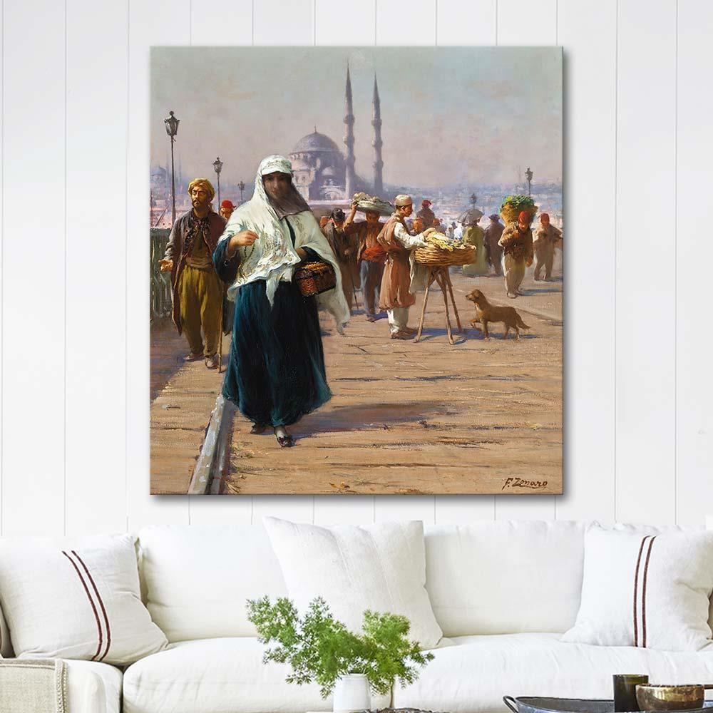 Fausto Zonaro On The Galata Bridge, Constantinople Art Print