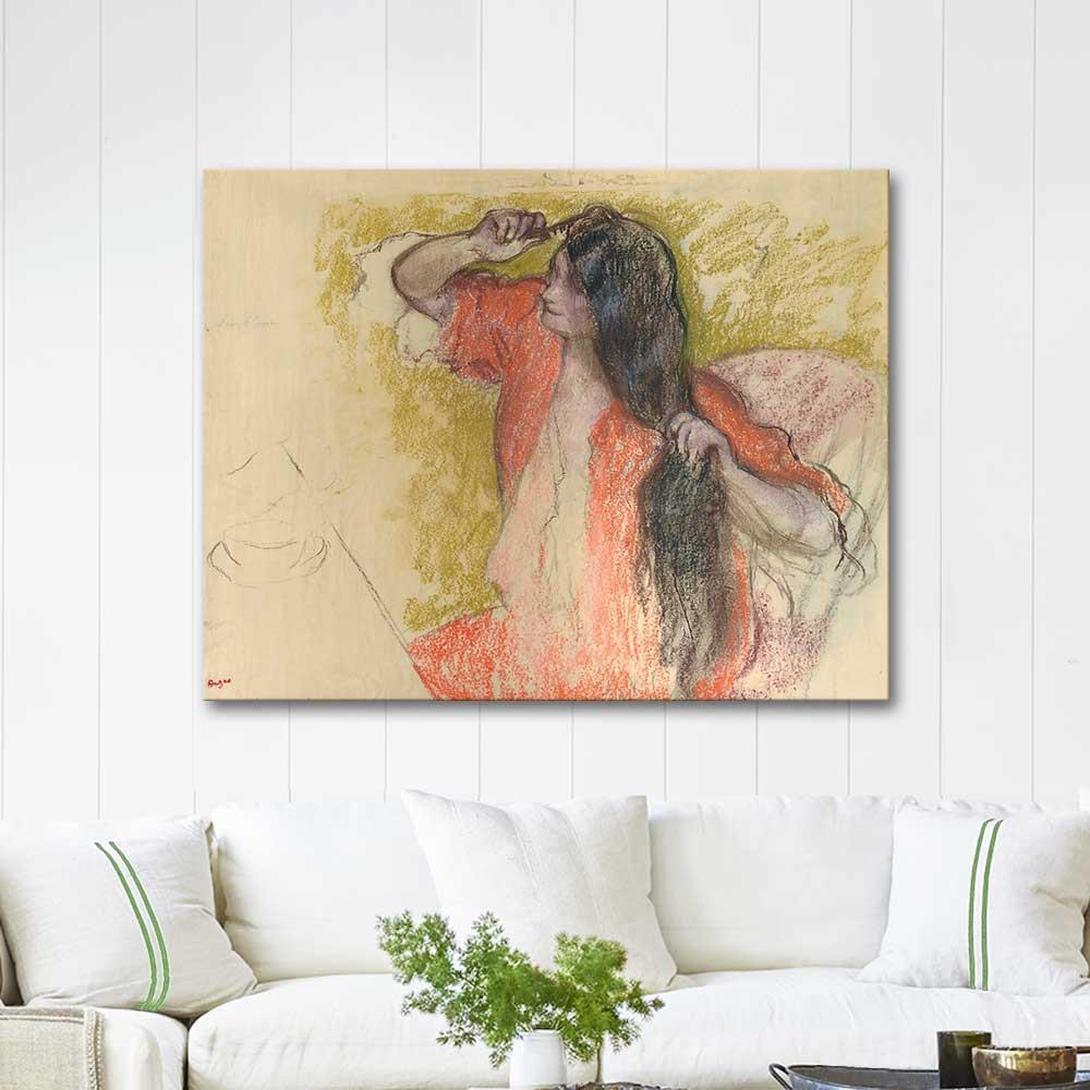 Edgar Degas Kırmızı Sabahlıklı Kadın Saçını Tarıyor Kanvas Tablo