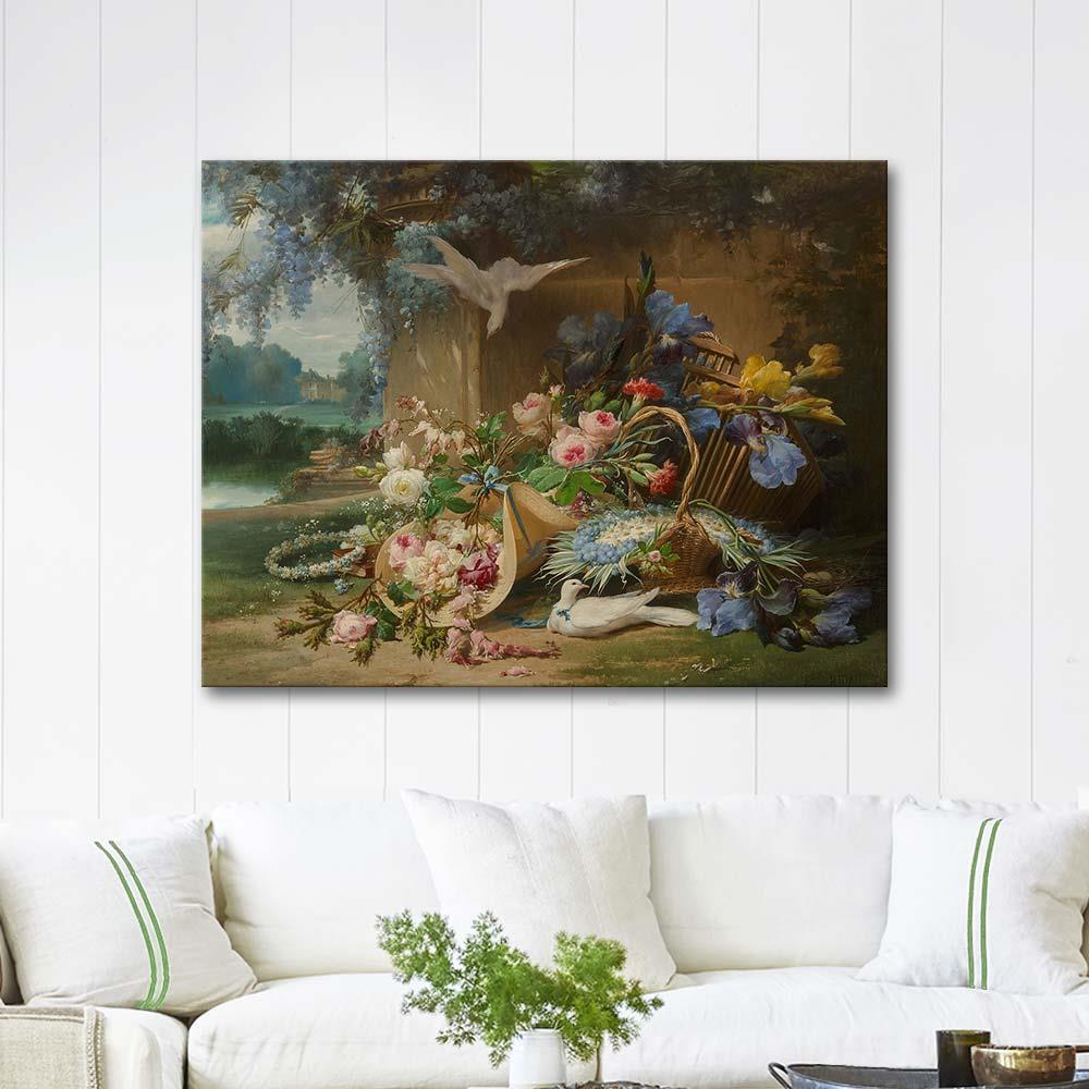 Floral Still Life with Doves and Wisteria by Eugene Bidau as Art Print