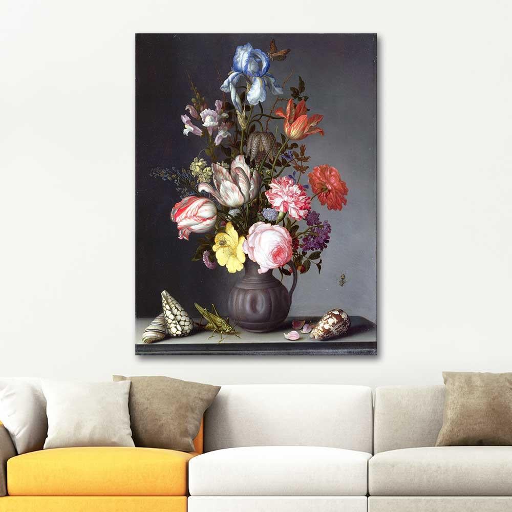 Flowers in a Vase with Shells and Insects by Balthasar van der Ast as Art Print