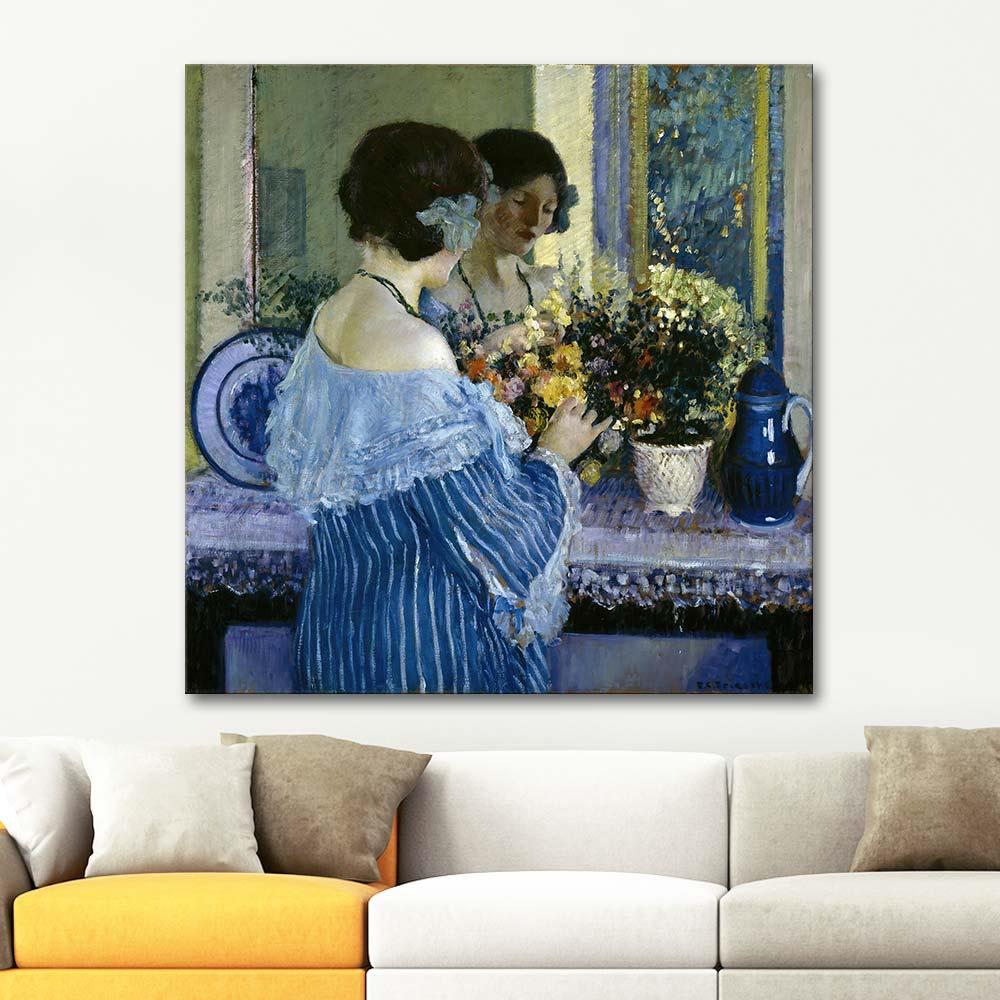 Frederick Carl Frieseke Girl In Blue Arranging Flowers Art Print