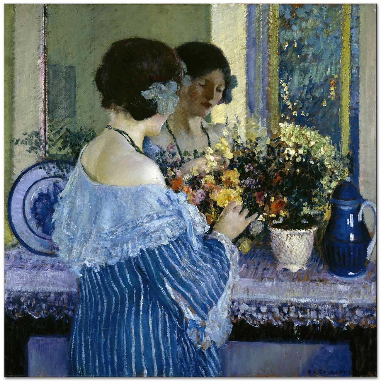 Girl In Blue Arranging Flowers by Frederick Carl Frieseke