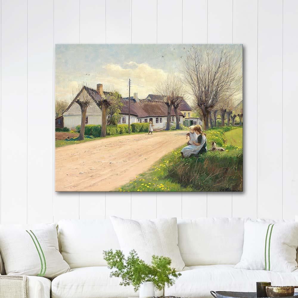 Hans Andersen Brendekilde Springtime in a Village with Girls at the Roadside Art Print