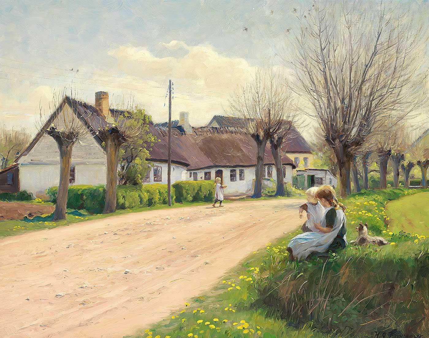 Springtime in a Village with Girls at the Roadside by Hans Andersen Brendekilde