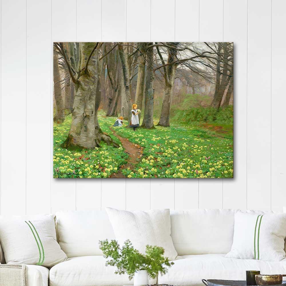 Hans Andersen Brendekilde Two Girls Picking Flowers in a Forest in Springtime Art Print