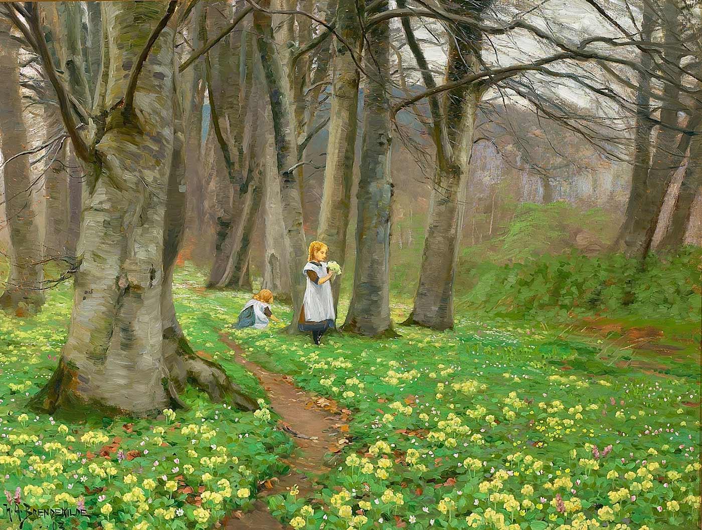 Two Girls Picking Flowers in a Forest in Springtime by Hans Andersen Brendekilde