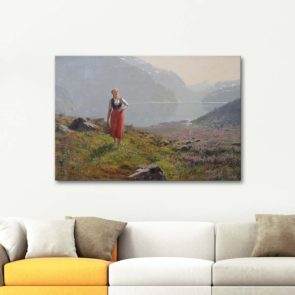 Hans Dahl Fjord Landscape With Norwegian Girl Art Print
