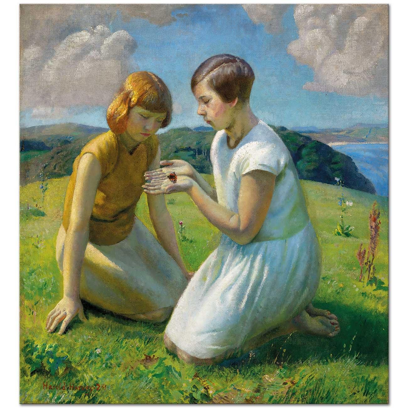 Two Young Girls With A Butterfly by Harold Harvey