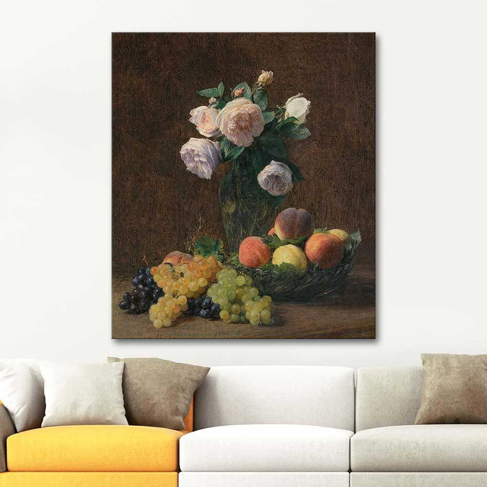 Henri Fantin Latour Vase Of Roses Peaches And Grapes Art Print