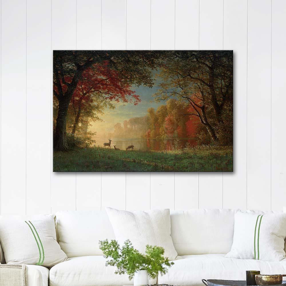 Albert Bierstadt Göl Kenarında Geyikler Kanvas Tablo