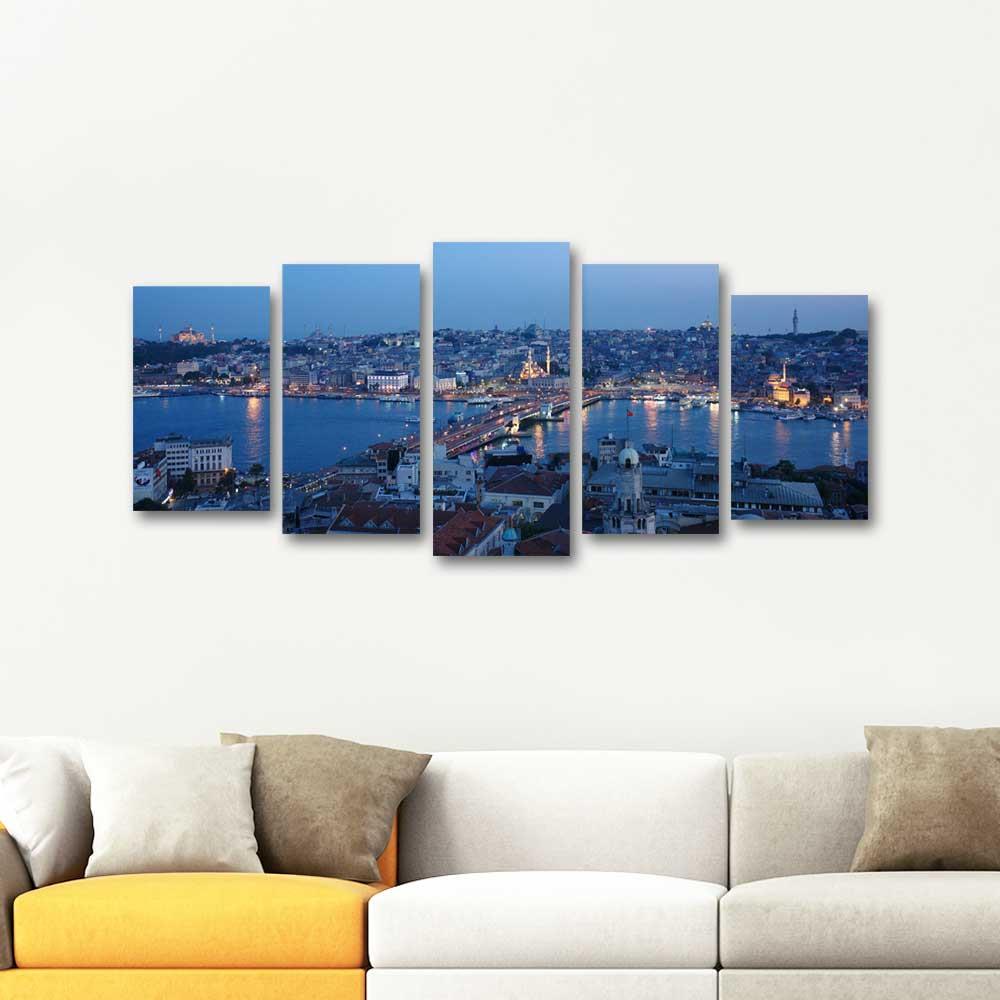 İstanbul'da Akşam Galata Köprüsü 5 Parçalı Set Kanvas Tablo