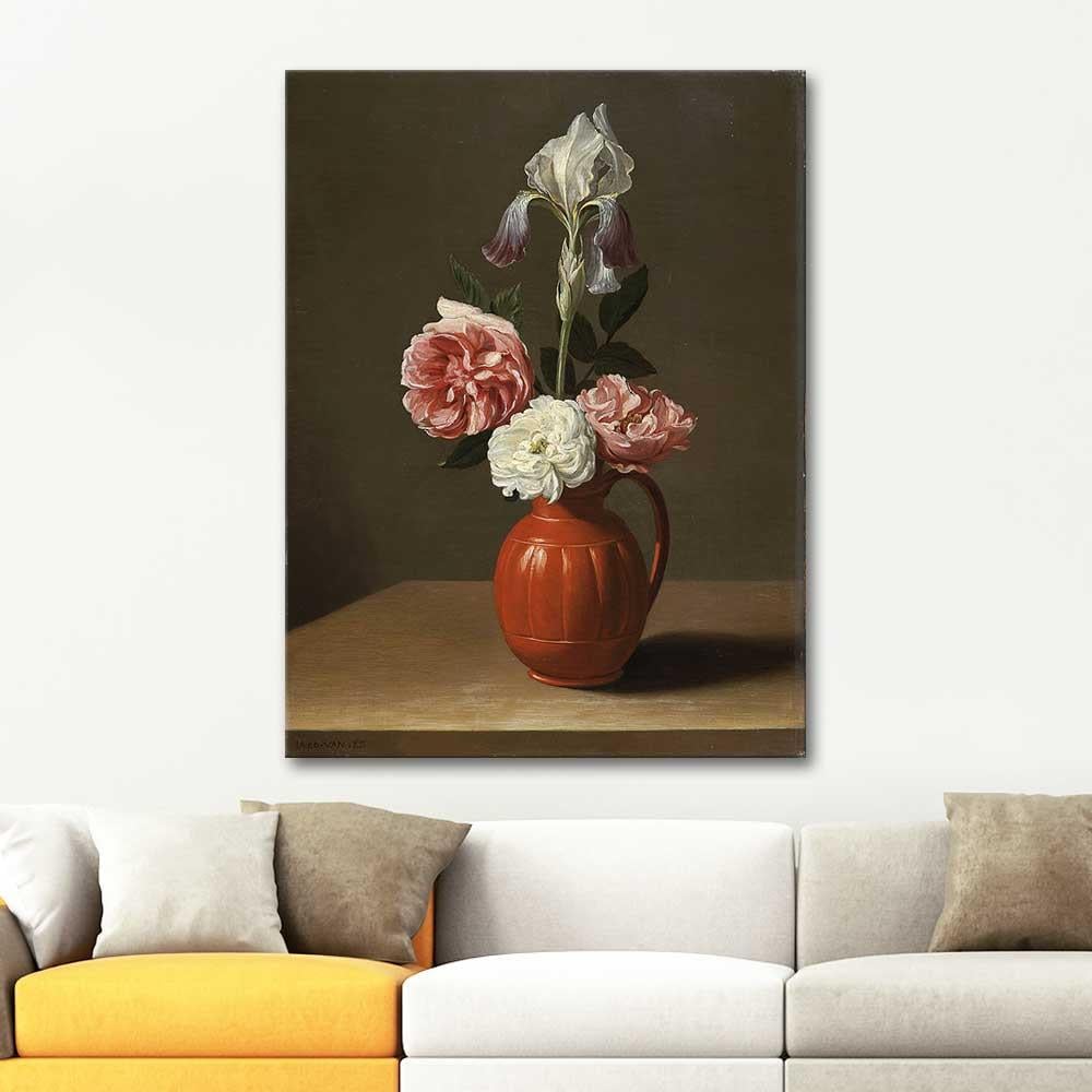 Jacob Foppens van Es Süsen ve Üç Gül Toprak Vazoda Kanvas Tablo