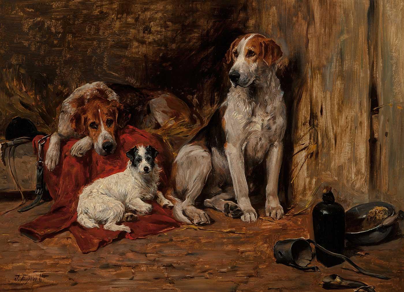 John Emms Hounds and a Jack Russell in a Stable Art Print