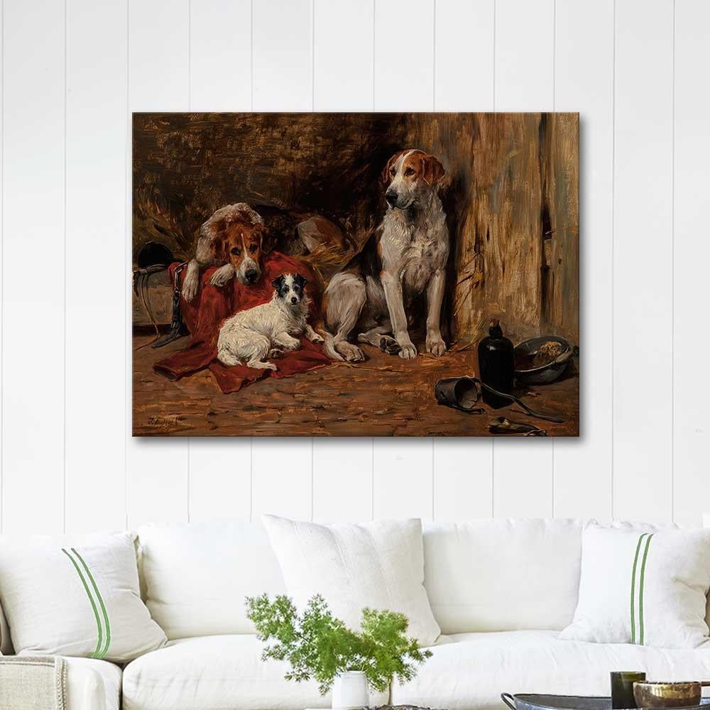 John Emms Hounds and a Jack Russell in a Stable Art Print
