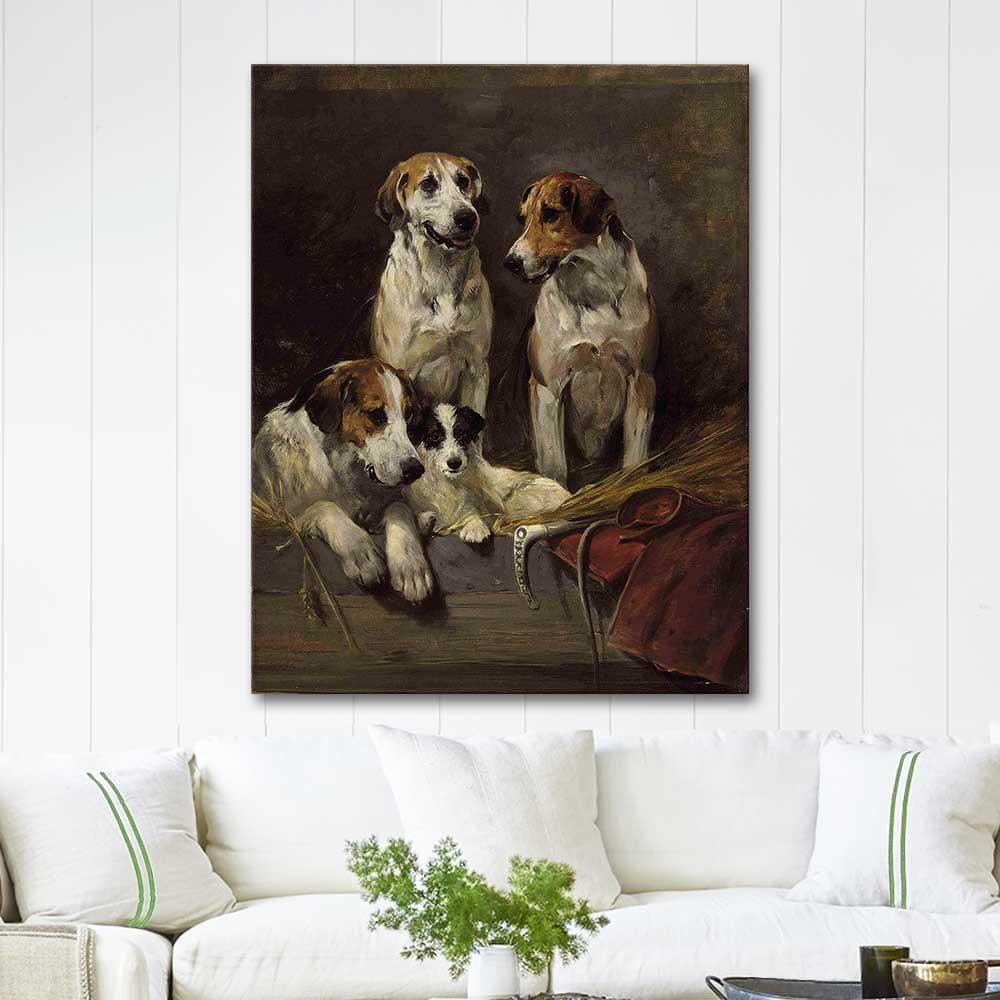 John Emms Three Hounds and a Terrier in a Barn Interior Art Print