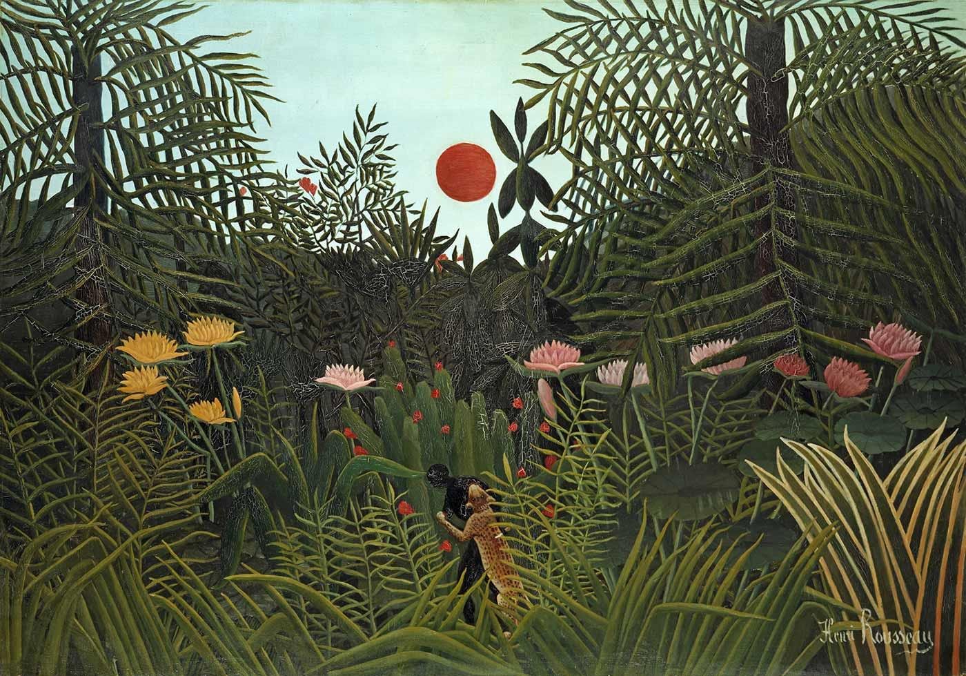 Jungle with Setting Sun by Henri Rousseau