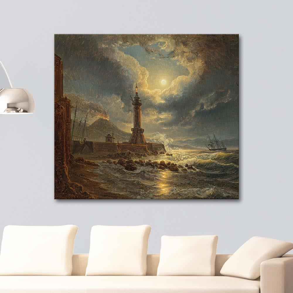 Leuchtturm im Hafen von Neapel bei Mondschein by Josef Rebell as Art Print