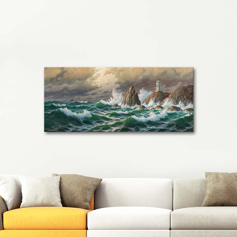 Max Jensen Breaking Waves With Lighthouse In Stormy Weather Art Print