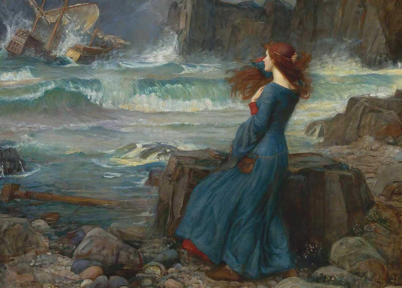 John William Waterhouse Miranda Fırtınalı Denizi Seyrederken Kanvas Tablo