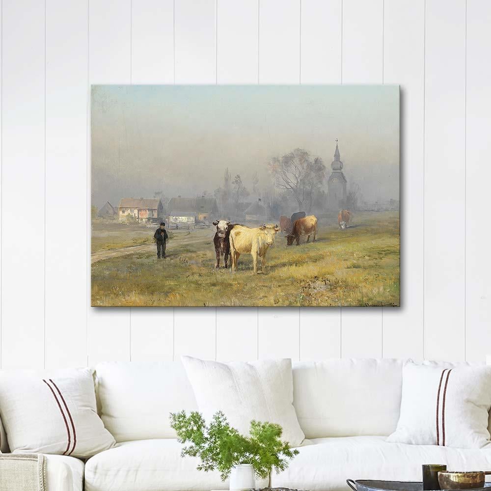 Anders Andersen-Lundby Sabah Vakti Tarlada İnekler Kanvas Tablo