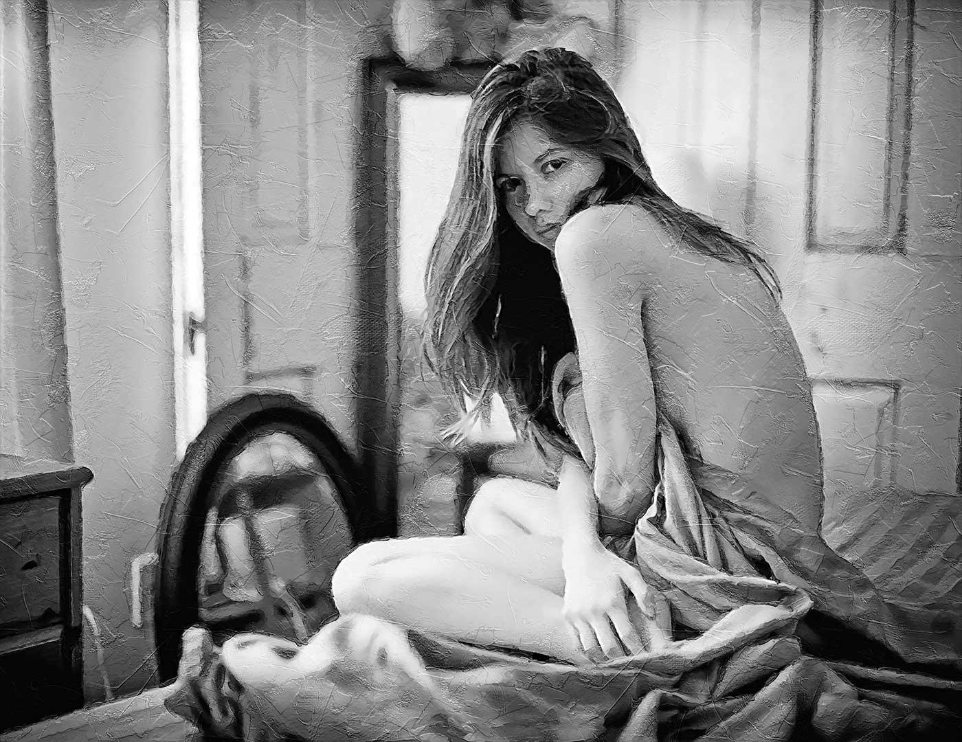 Naked in Bed in Front of the Mirror as Art Print