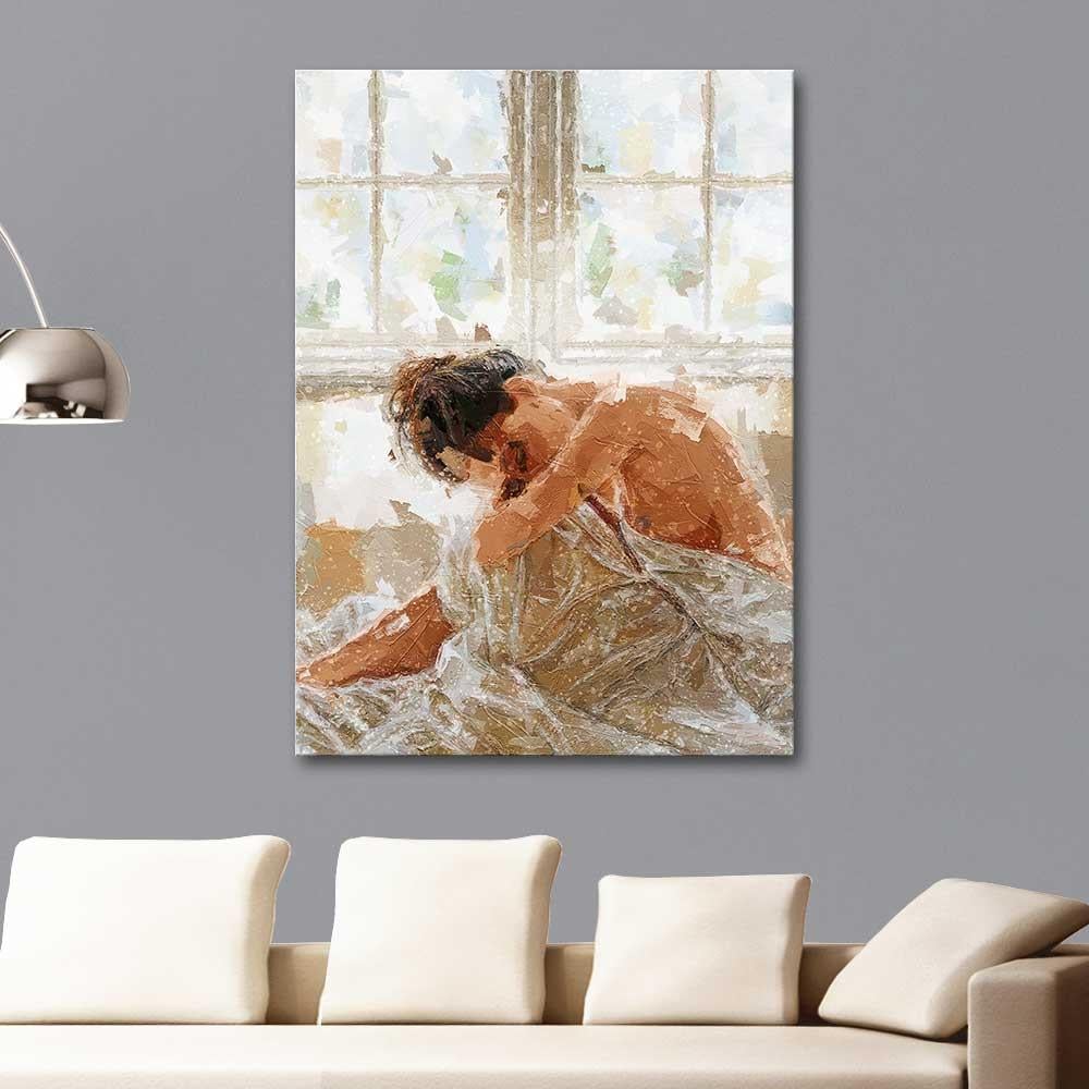 Naked Woman Sitting on Bed as Art Print