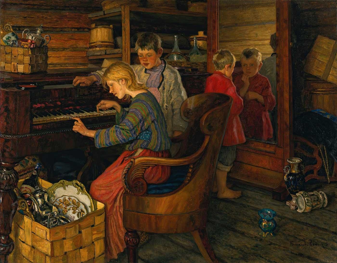 Nikolay Bogdanov-Belsky Children By The Piano Art Print